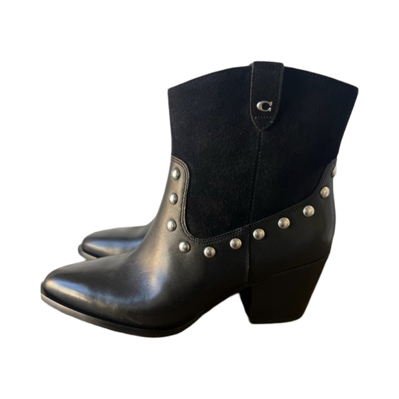 Coach Pauline Black Leather & Suede Studded Ankle Boots sz 7.5 - Picture 2 of 10